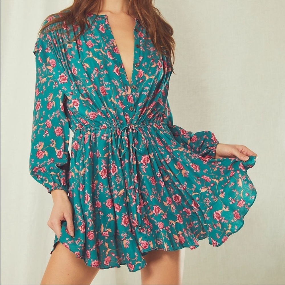 FREE PEOPLE Flower Fields Mini Dress Emerald Combo XS Pink Floral Boho Whimsical